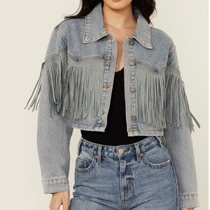 Paint The Town PTT Women’s Studded Suede Fringe Denim Jacket Sz Large Cowgirl